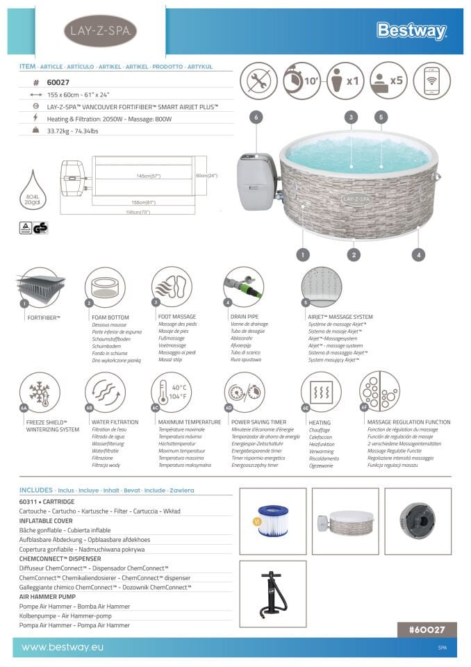 Lay-Z-Spa® 60027 Vancouver AirJet Plus™  Şişme Spa Havuzu,  Mobil Uygulama Kontrollü, 3-5 kişilik
