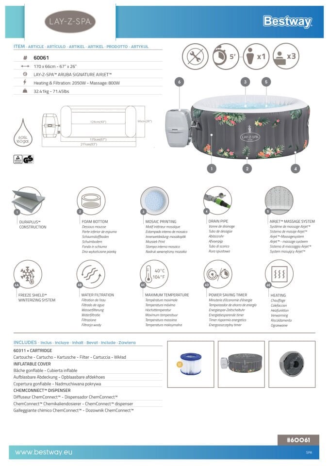 Lay-Z-Spa® 60061 Aruba Signature AirJet™ Şişme Spa Havuzu, 2-3 kişilik