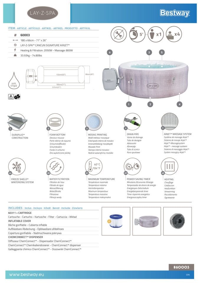 Lay-Z-Spa® 60003 Cancun Signature AirJet™ Şişme Spa Havuzu, 2-4 kişilik