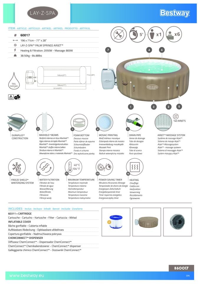Lay-Z-Spa® 60017 Palm Springs AirJet™ Şişme Spa Havuzu, 4-6 kişilik