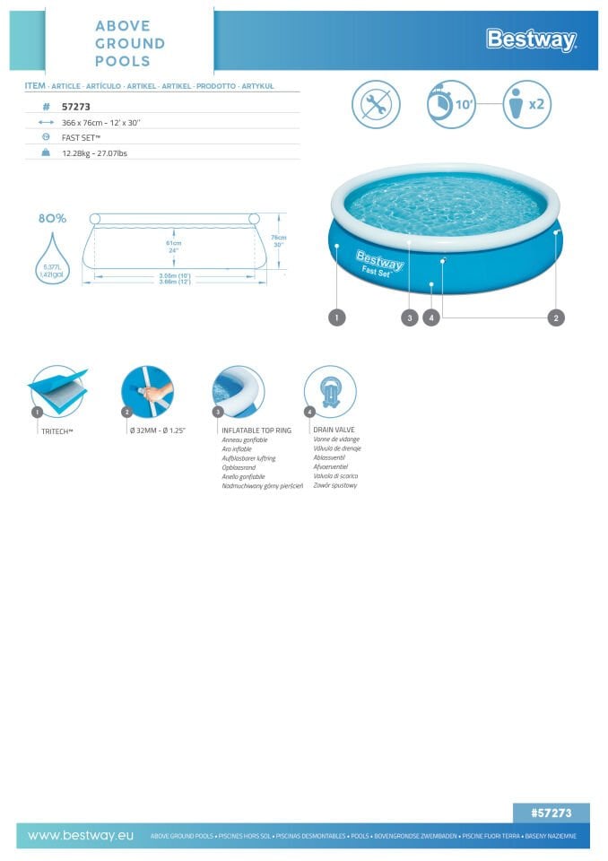 Bestway® 57273 Fast Set™ Çember Şişme Havuz, 3.66 m x 76 cm