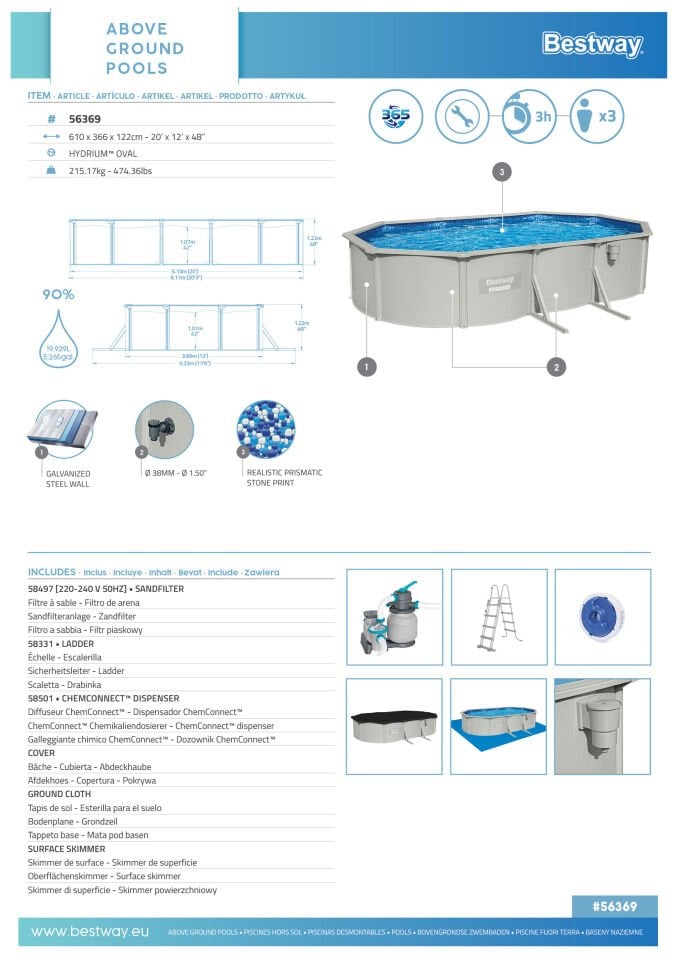 Bestway® 56369 Hydrium™ Çelik Duvarlı Prefabrik Yer Üstü Havuz Seti 6,10 m x 3,66 m x 1,22 m