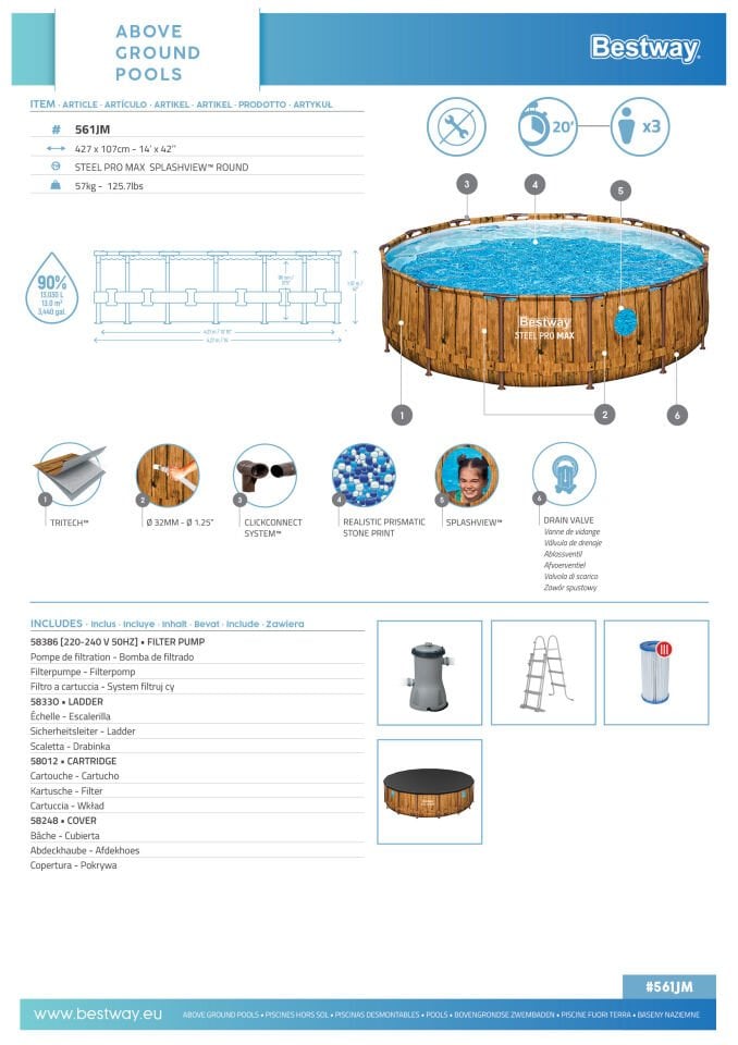 Bestway® Steel Pro MAX™ Splashview™  561JM Çember Yerüstü Havuz Seti 4,27 m x 1,07 m