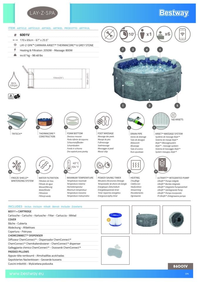 Lay-Z-Spa® Carrara Smart AirJet™ 6001V Enerji Tasarruflu Şişme Spa Havuzu, Mobil Uygulama Kontrollü, 4-6 kişilik