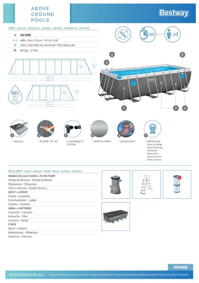 Bestway® Steel Pro MAX™ Splashview™ 561MB Dikdörtgen Yerüstü Havuz Seti 4,88 m x 2,44 m x 1,22 m