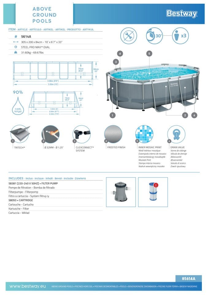 Bestway® 5614A Steel Pro MAX™ Prefabrik Yer Üstü Havuz Seti 3,05 m x 2,00 m x 84 cm