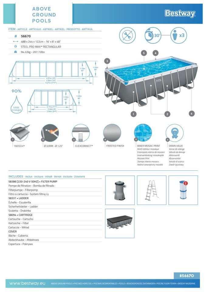 Bestway® 56670 Steel Pro MAX™ Prefabrik Yer Üstü Havuz Seti 4,88 m x 2,44 m x 1,22 m