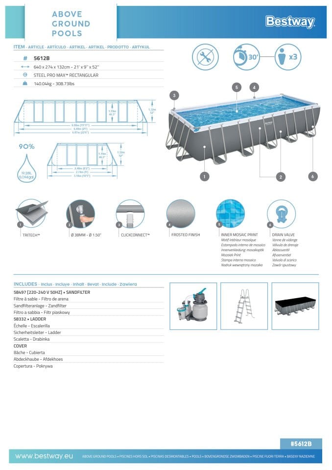 Bestway® 5612B Steel Pro MAX™ Yerüstü Prefabrik Havuz Seti 6,40 m x 2,74 m x 1,32 m
