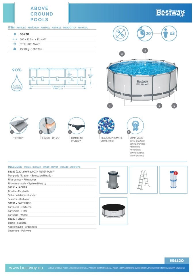 Bestway® 56420 Steel Pro MAX™ Yer Üstü Prefabrik Havuz Seti 3,66 m x 1,22 m
