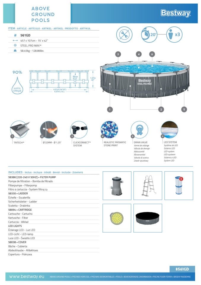 Bestway® 561GD Steel Pro MAX™ LED Işıklandırmalı Prefabrik Yer Üstü Çember Havuz Seti  4,57 m x 1,07 m
