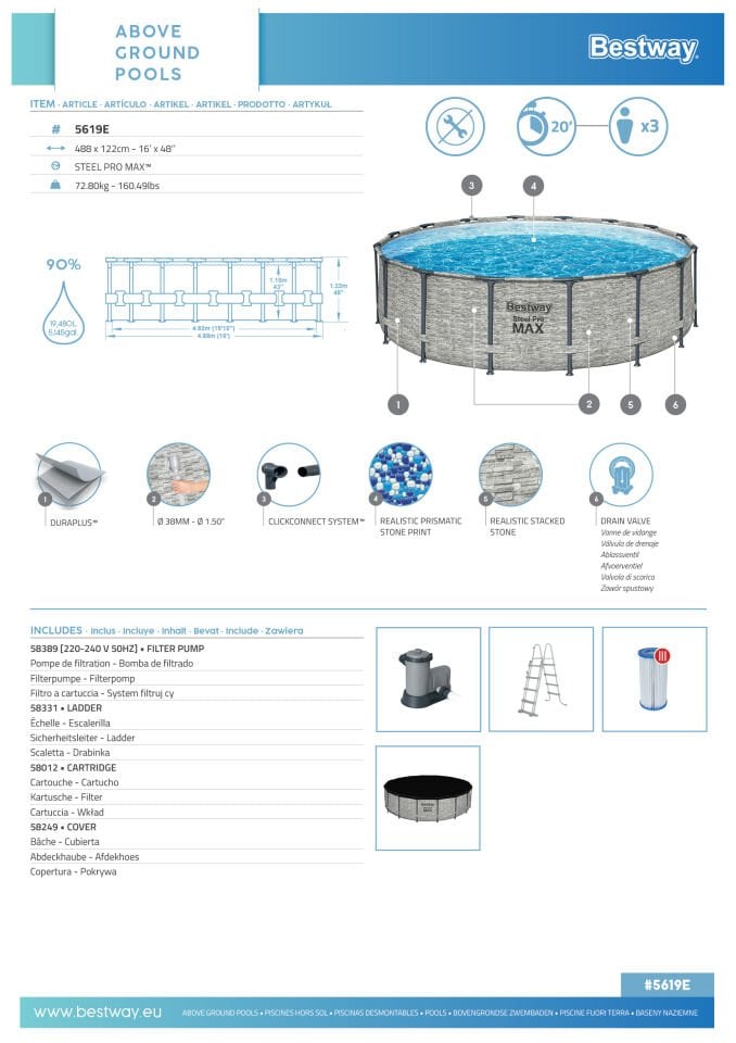 Bestway® 5619E Steel Pro MAX™ Prefabrik Yer Üstü Çember Havuz Seti 4,88 m x 1,22 m