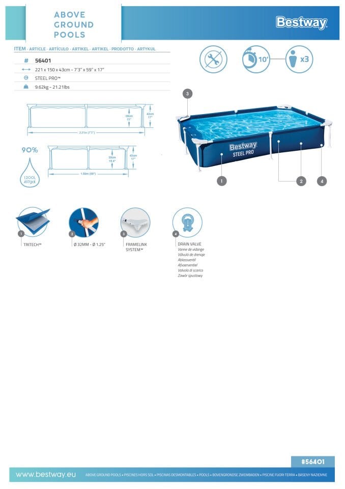 Bestway® 56401 Steel Pro™ Yer Üstü Prefabrik Dikdörtgen Havuz 2,21 m x 1,50 m x 43 cm