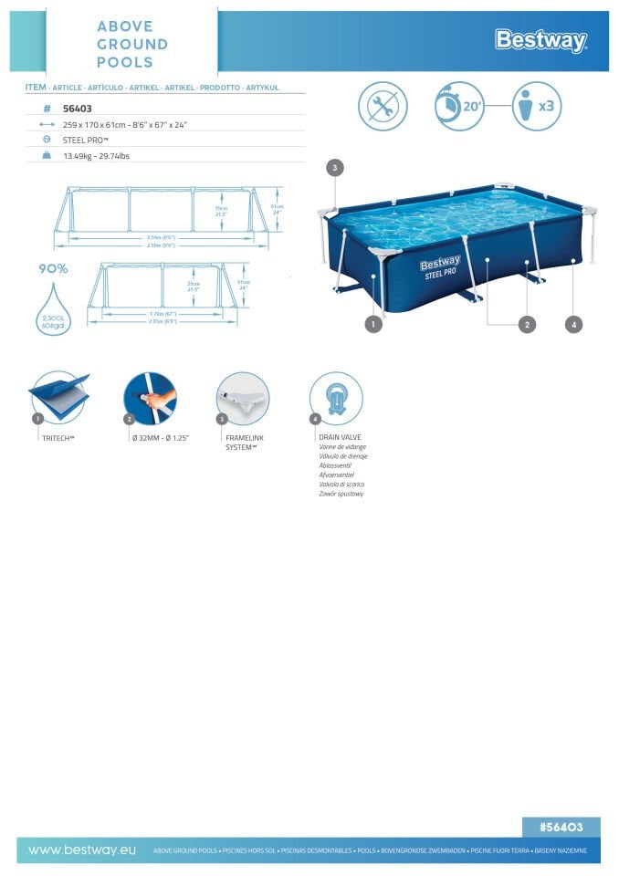 Bestway® 56403 Steel Pro® Dikdörtgen Yerüstü Prefabrik Havuz 2,59 m x 1,70 m x 61 cm