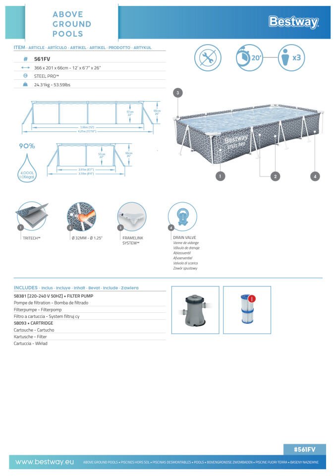 Steel Pro®   12' x 6'7'' x 26''/3.66m x 2.01m x 66cm Pool Set