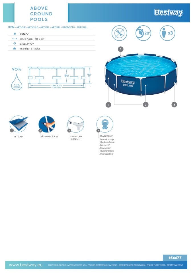 Bestway® 56677 Steel Pro™ Prefabrik Yerüstü Çember Havuz 3,05 m x 76 cm