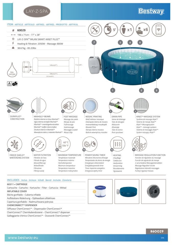 Lay-Z-Spa® 60029 Milan Smart AirJet Plus™ Şişme Spa Havuzu, Mobil Uygulama Kontrollü, 4-6 kişilik