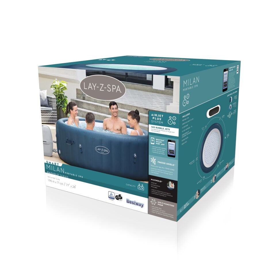 Lay-Z-Spa® 60029 Milan Smart AirJet Plus™ Şişme Spa Havuzu, Mobil Uygulama Kontrollü, 4-6 kişilik