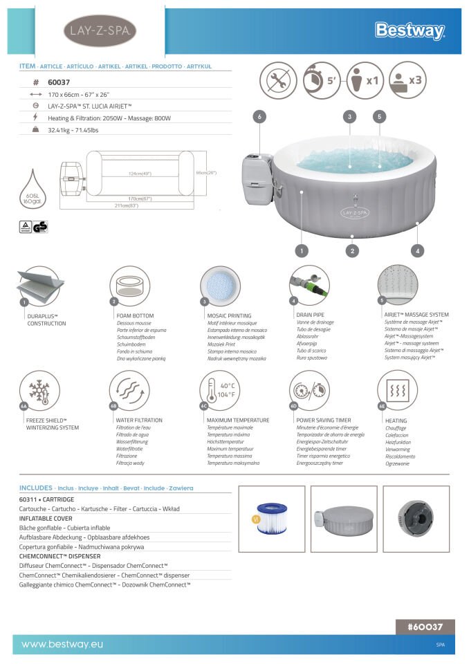 Lay-Z-Spa® St. Lucia AirJet™  Şişme Spa Havuzu, 2-3 kişilik