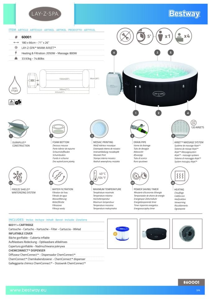 Lay-Z-Spa® 60001 Miami AirJet™ Şişme Spa Havuzu, 2-4 kişilik