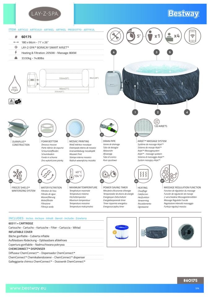 Lay-Z-Spa® Boracay Smart Signature AirJet™ Şişme Spa Havuzu, Mobil Uygulama Kontrollü, 2-4 kişilik