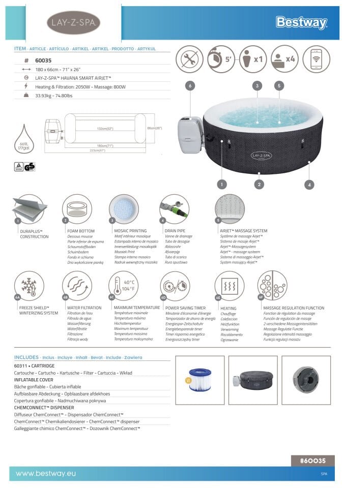 Lay-Z-Spa® 60035 Havana Smart Signature AirJet™  Şişme Spa Havuzu, Mobil Uygulama Kontrollü, 2-4 kişilik