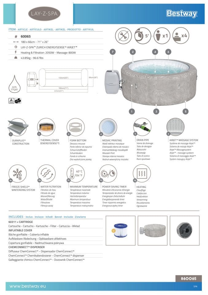 Lay-Z-Spa® 60065 Zurich EnergySense Signature AirJet™ Şişme Spa Havuzu, 2-4 kişilik