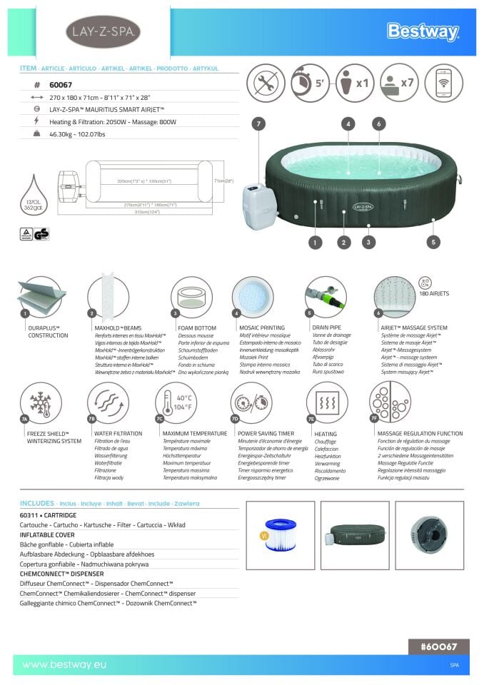 Lay-Z-Spa® 60067 Mauritius Smart AirJet™ Şişme Spa Havuzu, 5-7 kişilik