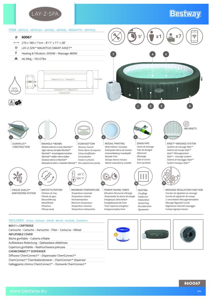 Lay-Z-Spa® Mauritius Smart AirJet™ Şişme Spa Havuzu, 5-7 kişilik