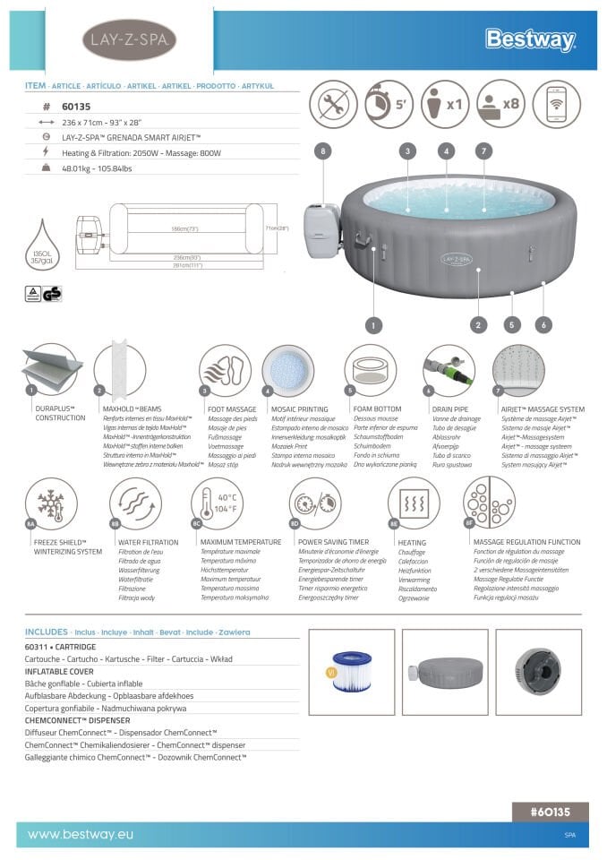 Lay-Z-Spa® Grenada Smart AirJet™ Şişme Spa Havuzu, 6-8 kişilik