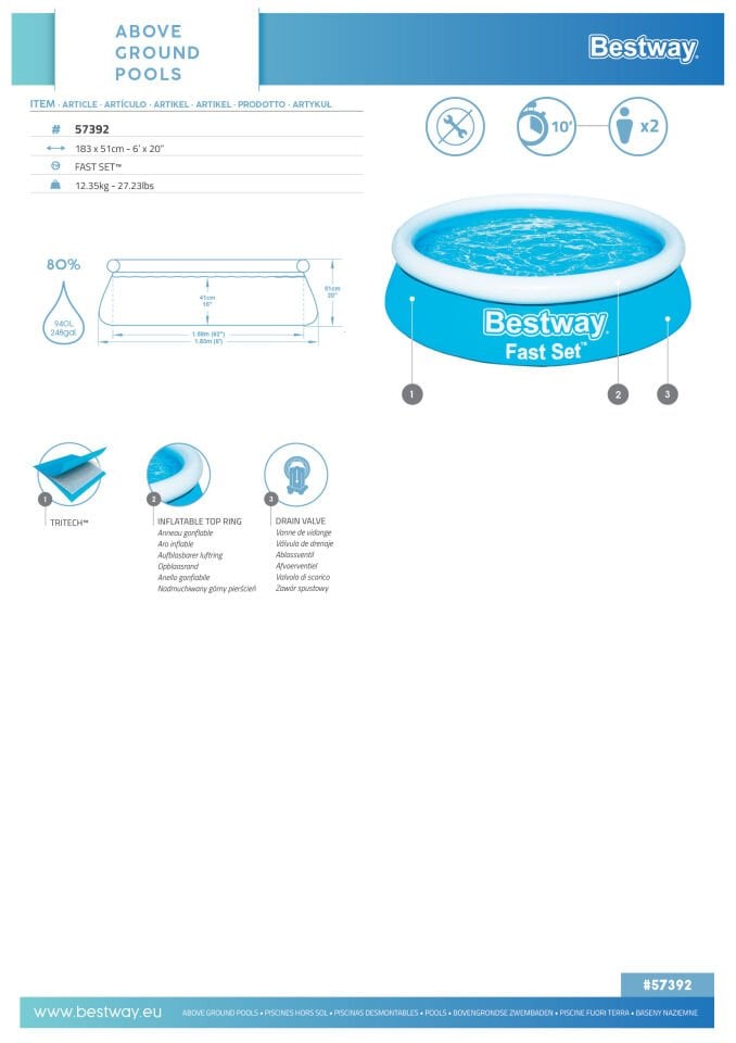 Bestway® 57392 Fast Set™ Çember Şişme Havuz,1.83 m x 51 cm
