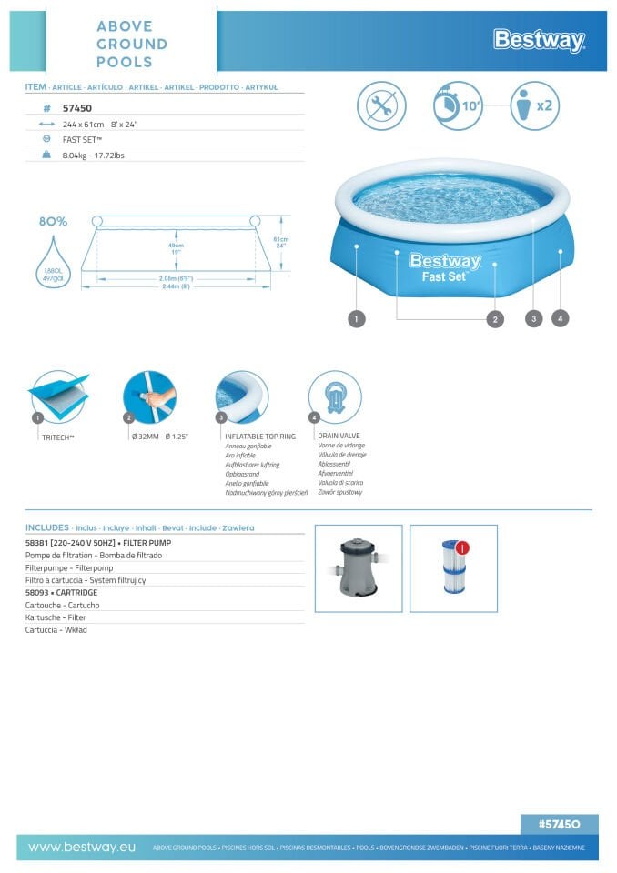 Bestway® 57450 Fast Set™ Çember Şişme Havuz Seti 2.44 m x 61 cm