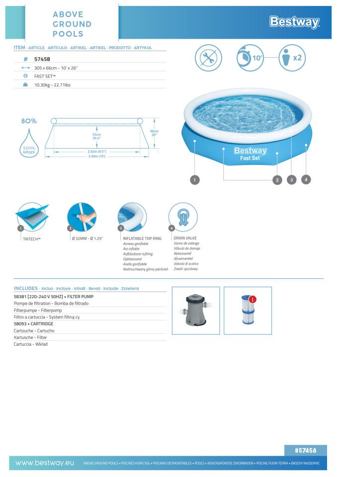 Bestway® 57458 Fast Set™ Çember Şişme Havuz Seti 3.05 m x 66 cm