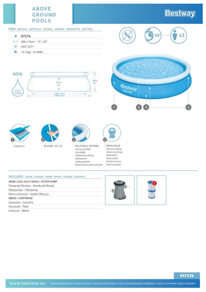 Bestway® Fast Set™ Çember Şişme Havuz Seti 3,66 m x 76 cm