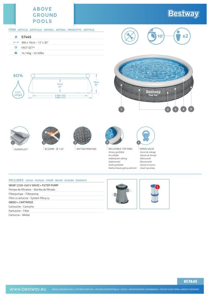 Bestway® 57445 Fast Set™ Çember Şişme Havuz Seti 3.66 m x 76 cm