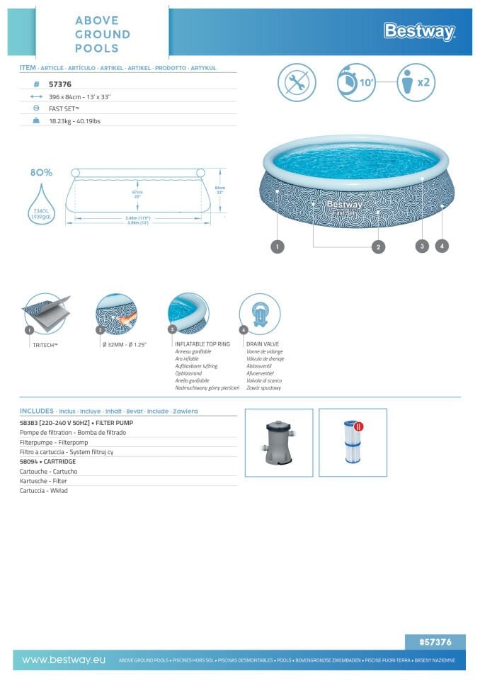 Bestway® 57376 Fast Set™ Çember Şişme Havuz Seti 3,96 m x 84 cm