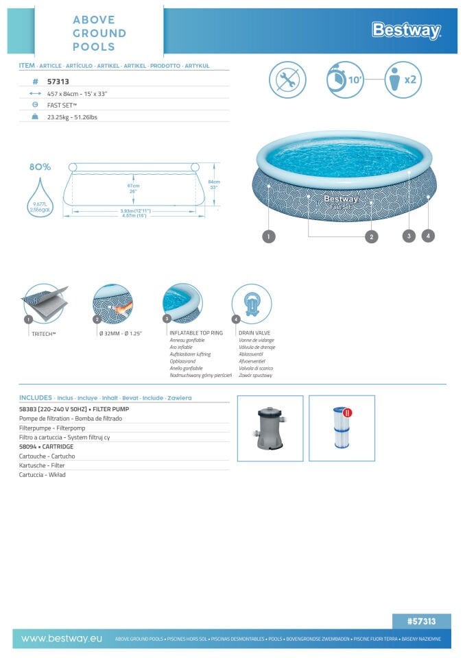 Bestway® Fast Set™ Çember Şişme Havuz Seti 4.57 m x 84 cm