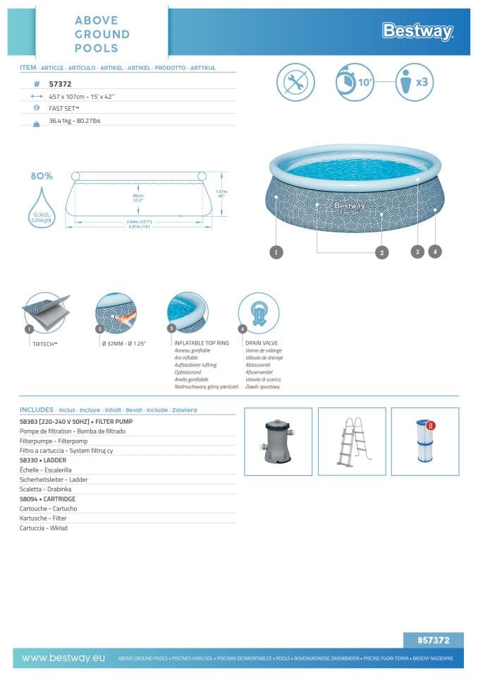 Bestway® Fast Set™ Çember Şişme Havuz Seti 4,57 m x 1,07 m