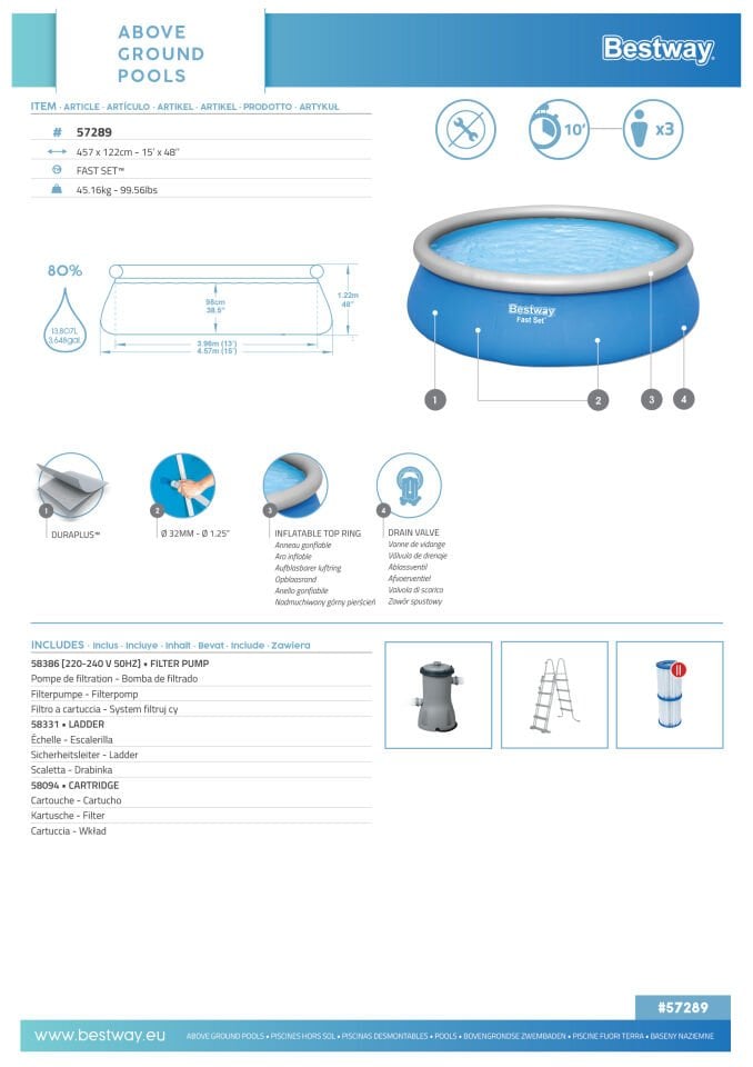 Bestway® 57289 Fast Set™ Çember Şişme Havuz Seti  4,57 m x 1,22 m