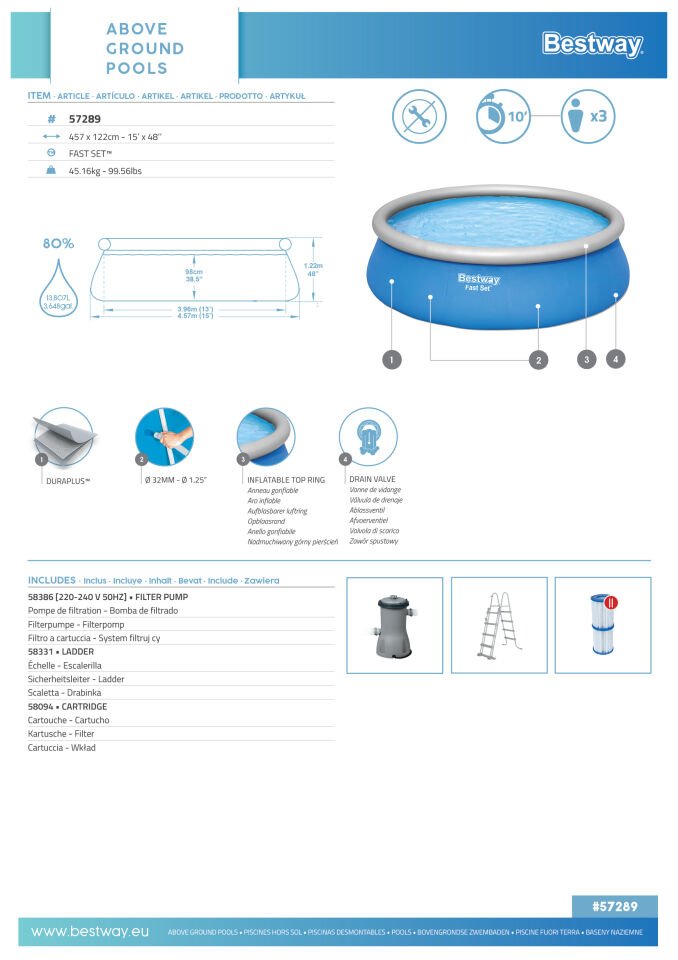 Bestway® 57289 Fast Set™ Çember Şişme Havuz Seti  4,57 m x 1,22 m