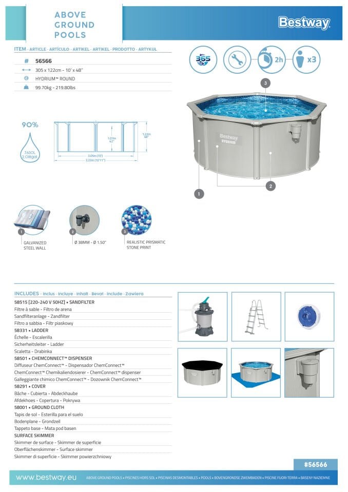 Bestway® 56566 Hydrium™ Çelik Duvarlı Prefabrik Yer Üstü Havuz Seti 3,05m x 1,22 m