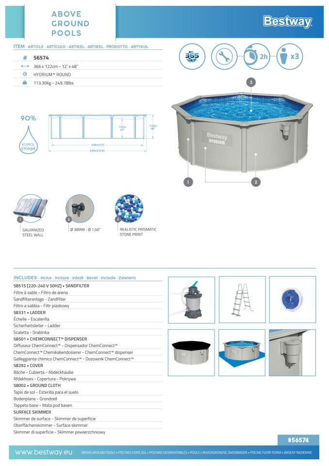 Bestway® 56574 Hydrium™ Çelik Duvarlı Prefabrik Yer Üstü Havuz Seti 3,66 m x 1,22 m