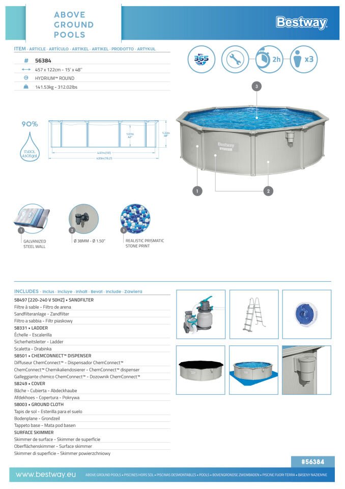 Bestway® 56384 Hydrium™ Çelik Duvarlı Prefabrik Yer Üstü Havuz Seti 4,57 m x 1,22 m