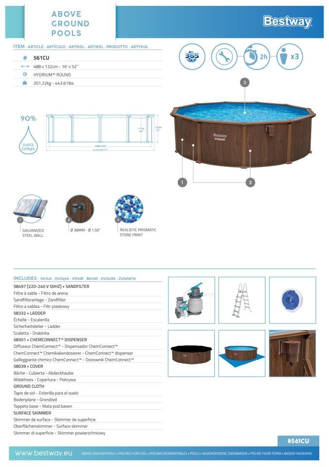 Bestway® 561CU Hydrium™ Çelik Duvarlı Prefabrik Yer Üstü Havuz Seti 4,88 m x 1,32 m