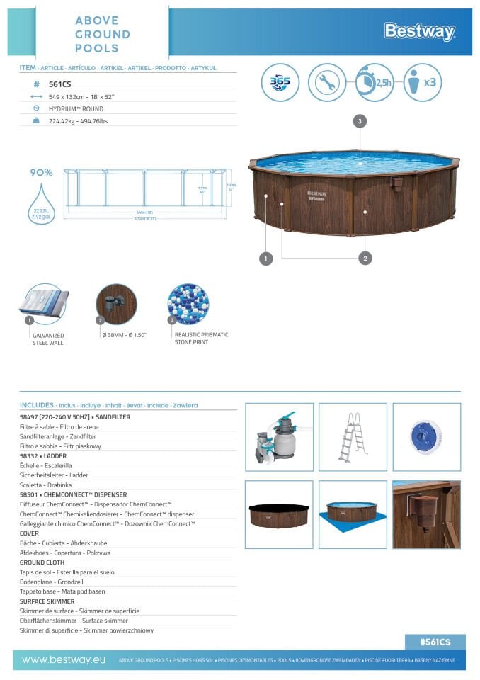 Bestway® 561CS Hydrium™ Çelik Duvarlı Yerüstü Havuz Seti 5,49 m x 1,32 m