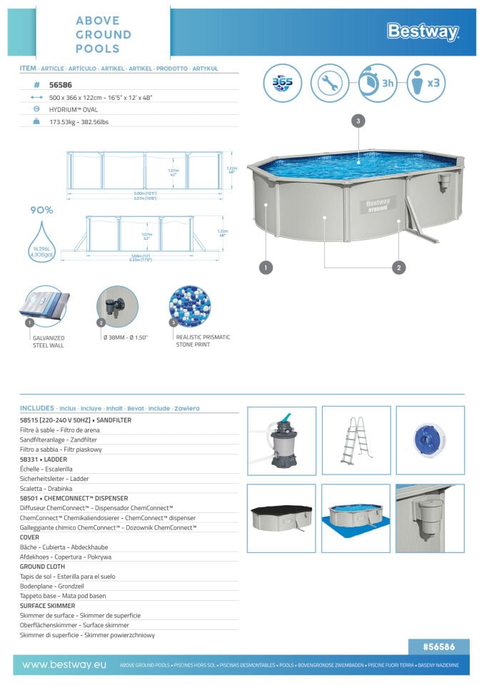 Bestway 56586 Hydrium Çelik Duvarlı Prefabrik Yer Üstü Havuz Seti 5,00 m x 3,66 m x 1,22 m