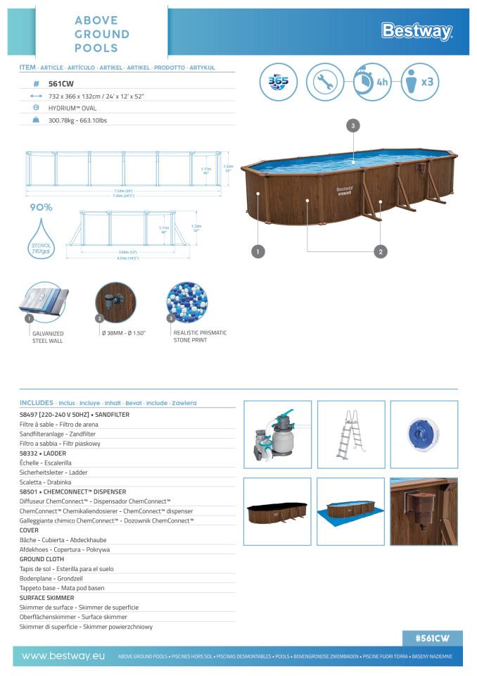 Bestway® 561CW Hydrium™ Çelik Duvarlı Oval Yerüstü Havuz Seti 7,32 m x 3,66 m x 1,32 m
