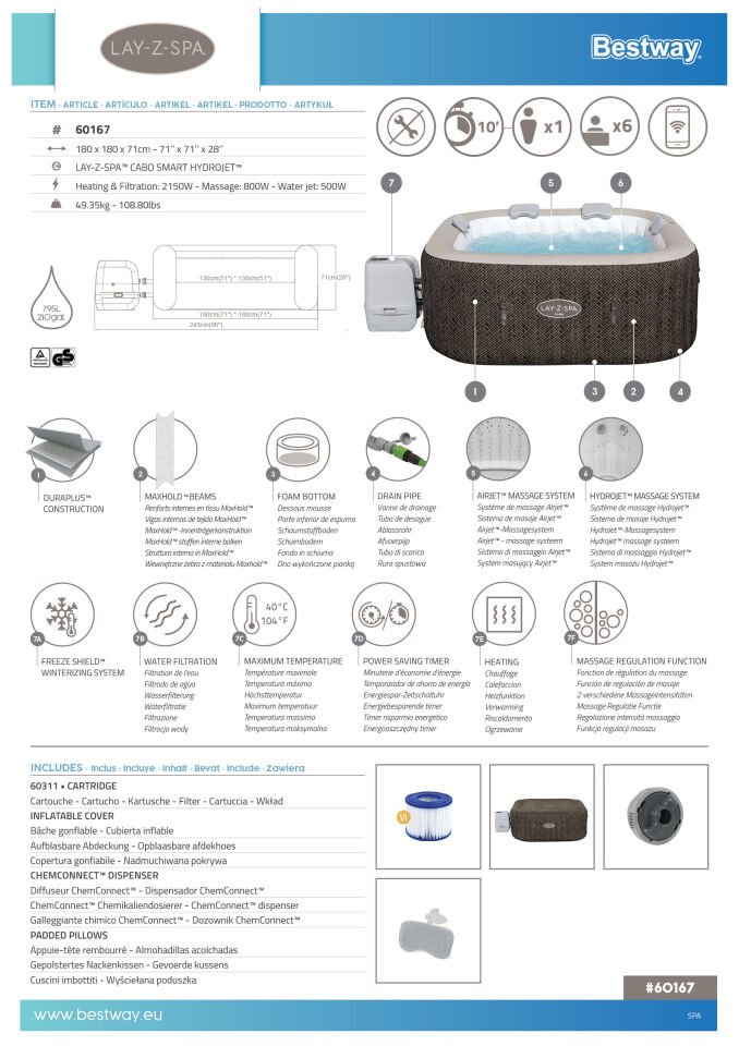 Lay-Z-Spa® 60167 Cabo Smart HydroJet™ Şişme Spa Havuzu, Mobil Uygulama Kontrollü, 4-6 kişilik