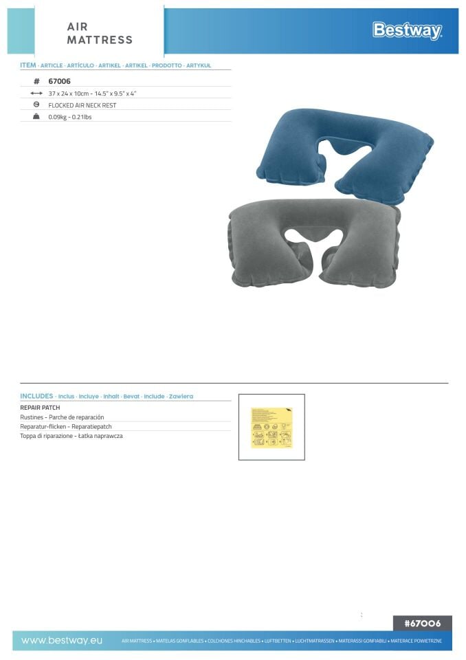 Bestway 67006 Kadife Yüzeyli Şişme Boyun Yastığı 37cm x 24cm x 10cm