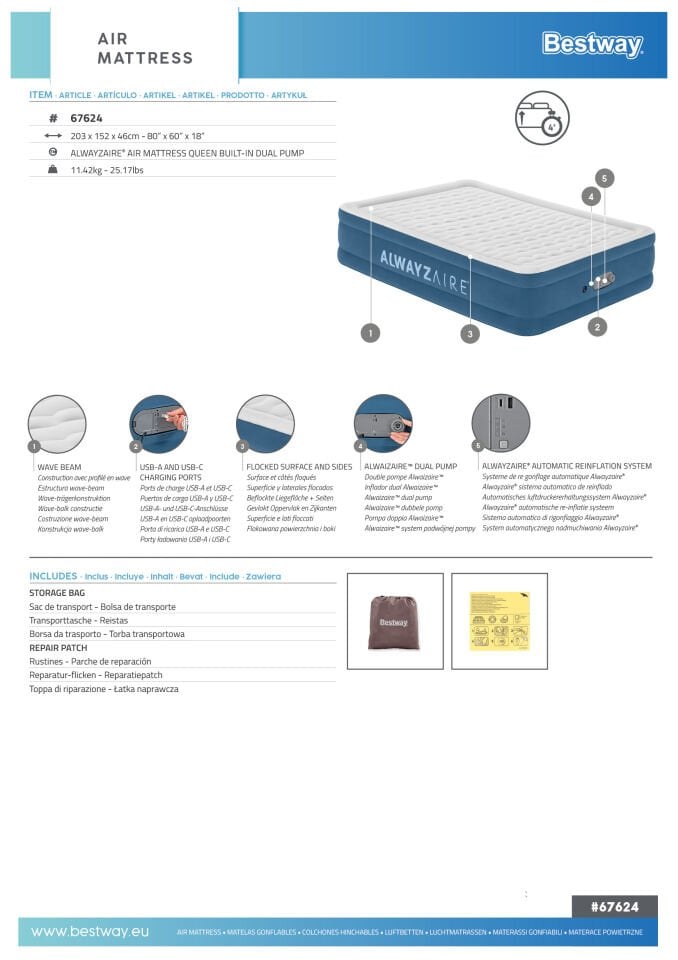 Bestway®  AlwayzAire™ Geniş Çift Kişilik Şişme Yatak, Entegre İki Yönlü Şişirme Aparatı ve Antimikrobiyal Kaplama 2.03 m x 1.52 m x 46 cm