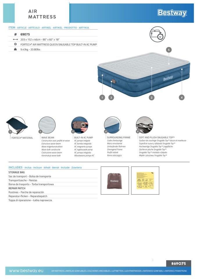 Bestway® 69075 Fortech™ Snugable Top™ Geniş Çift Kişilik Şişme Yatak, Elektrikli Entegre Şişirme Aparatı ve Antimikrobiyal Kaplama 2.03 m x 1.52 m x 46 cm